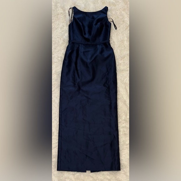 NEW Alfred Sung Strapless Bow Belt Satin Twill Column midnight blue Gown Sz 10 - Picture 3 of 8